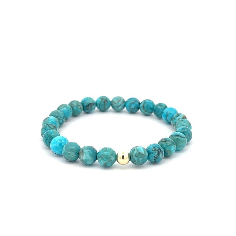 Natural Turquoise 6mm Stretchable Bracelet 18k Gold Bead Charm